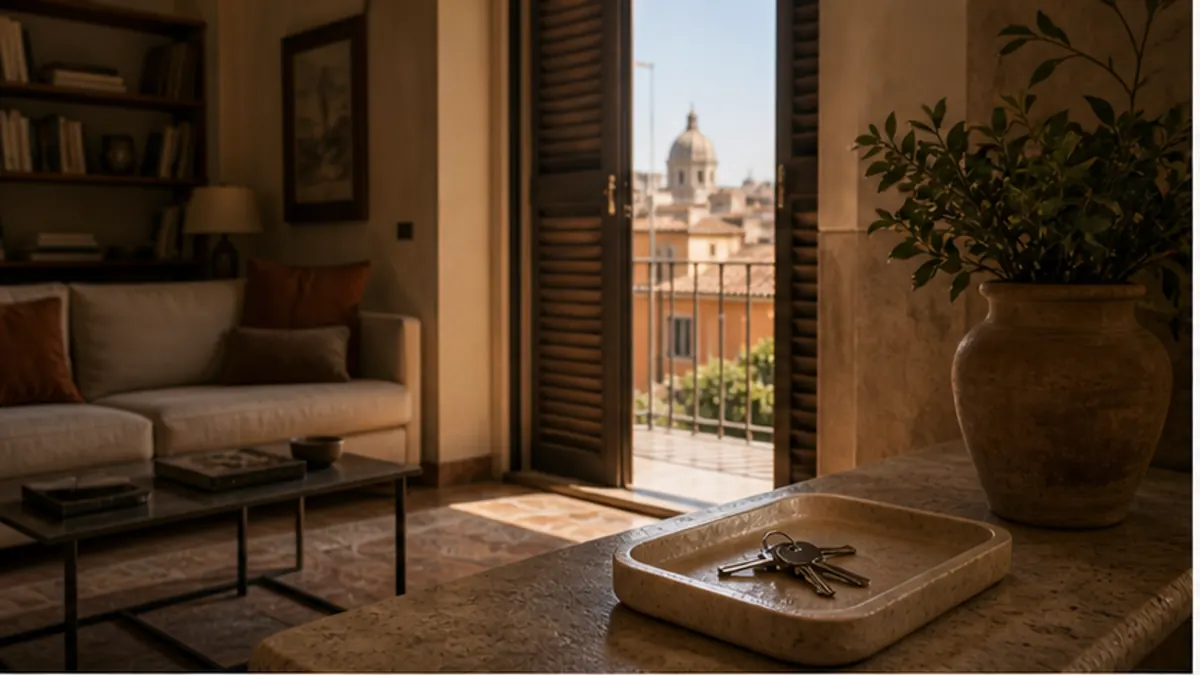 Scena editoriale realistica per stima commerciale casa: usarla senza illusioni, con casa italiana, documenti e luce naturale