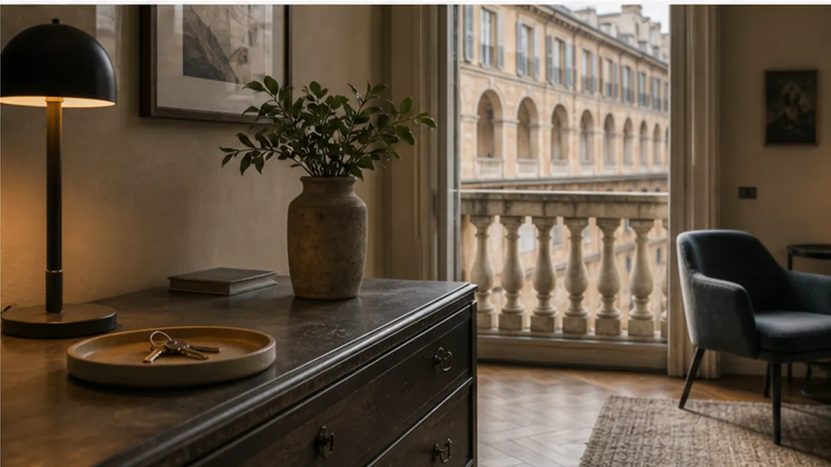 Scena editoriale realistica per quanto conta il quartiere nel valore casa, con casa italiana, documenti e luce naturale