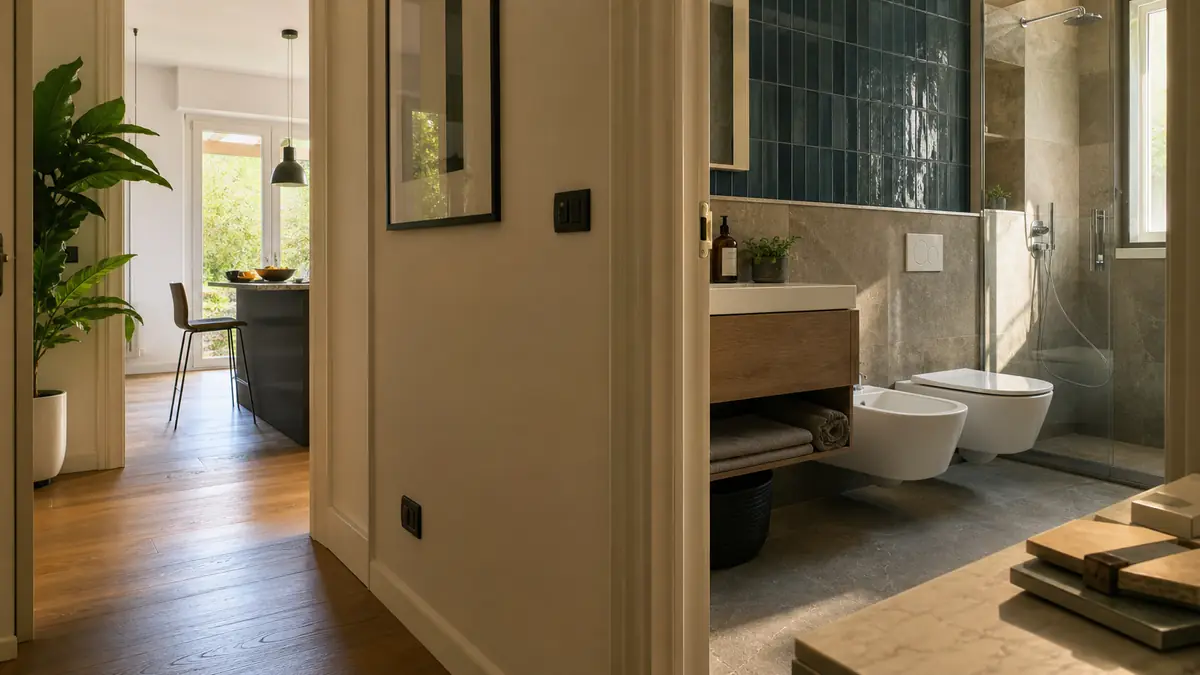 Interno ristrutturato con bagno, materiali e cucina visibili