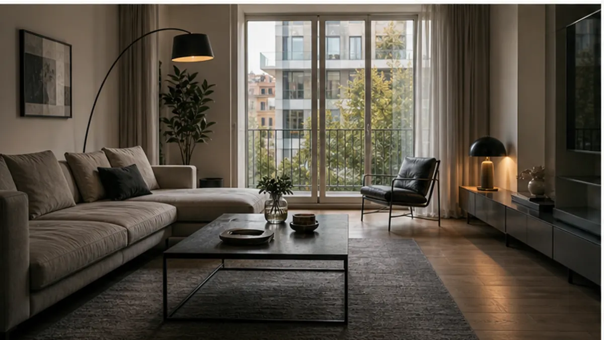 Soggiorno contemporaneo al tramonto, con portafinestra su un balcone cittadino