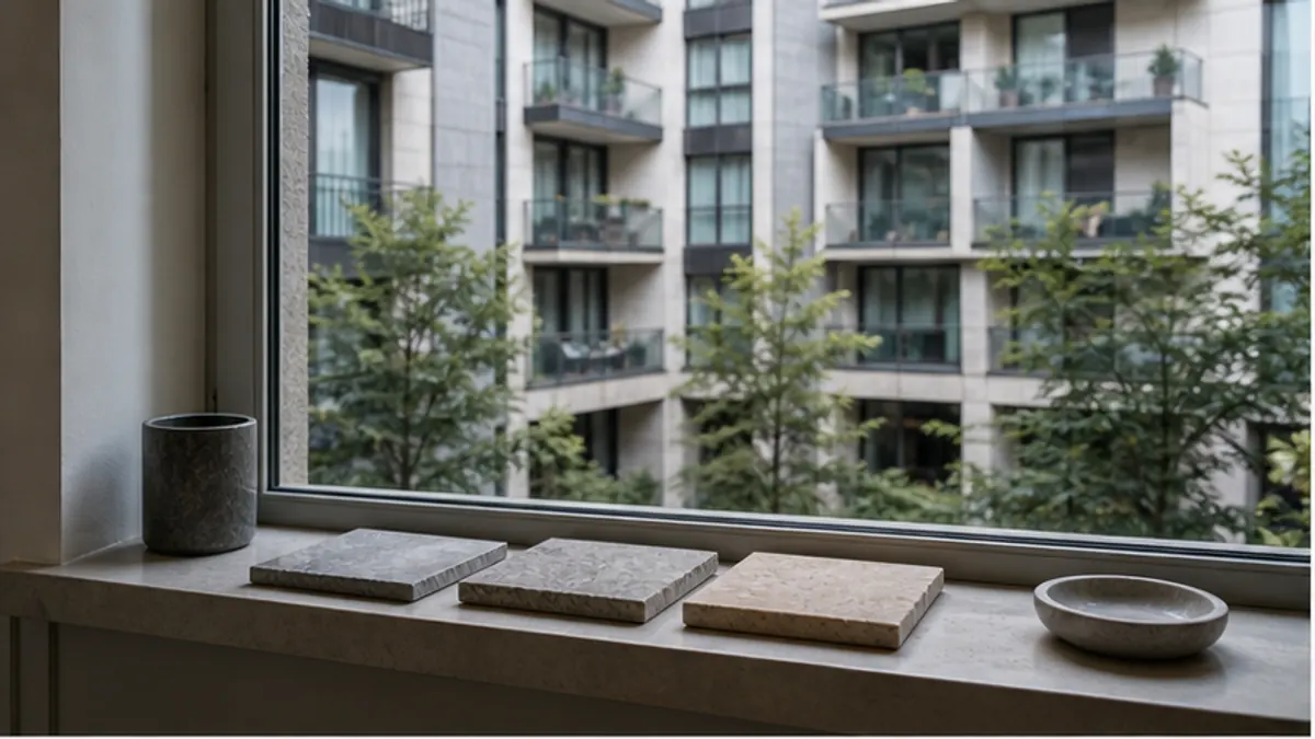 Tre campioni di materiali sul davanzale di una grande finestra su un palazzo moderno