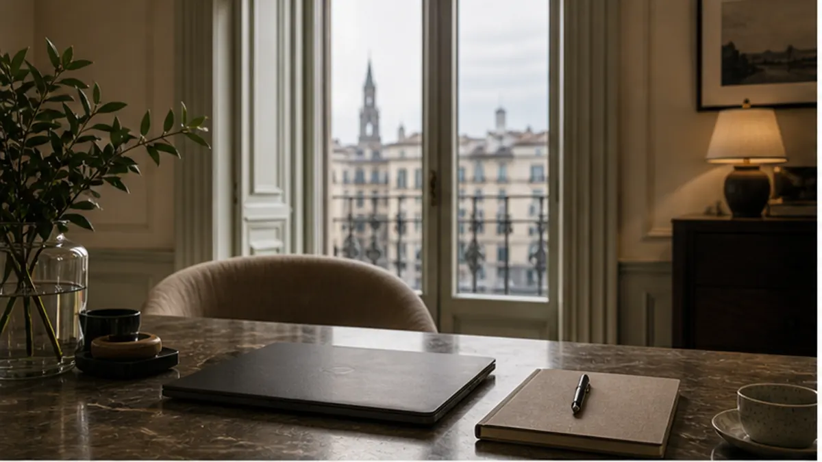 Scrivania in marmo con portatile e quaderno, lampada accesa e finestra su un campanile