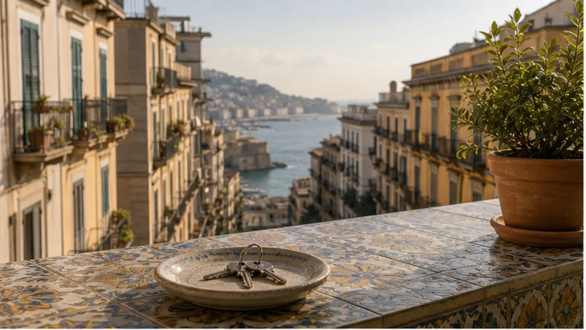 Chiavi in un piatto sul parapetto maiolicato di un balcone affacciato sul golfo di Napoli