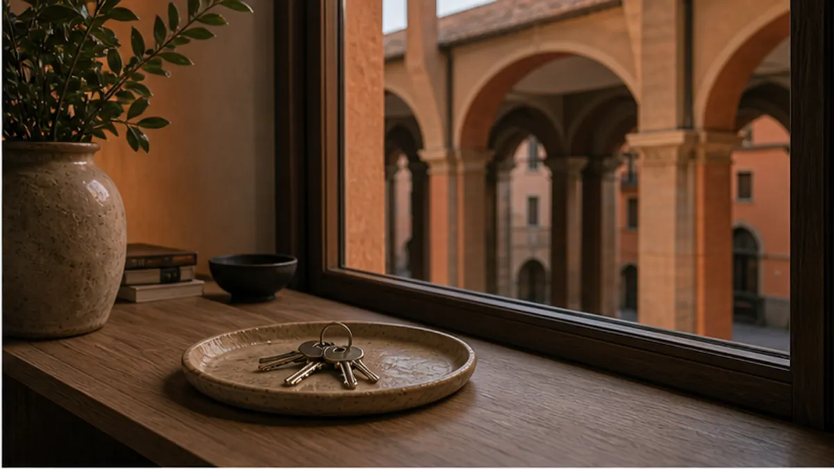 Piatto di chiavi su un davanzale in legno, davanti ai portici rossi di Bologna