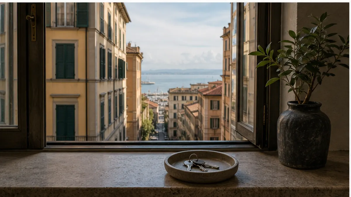 Piattino di chiavi su un davanzale in pietra, con una via che scende verso il porto
