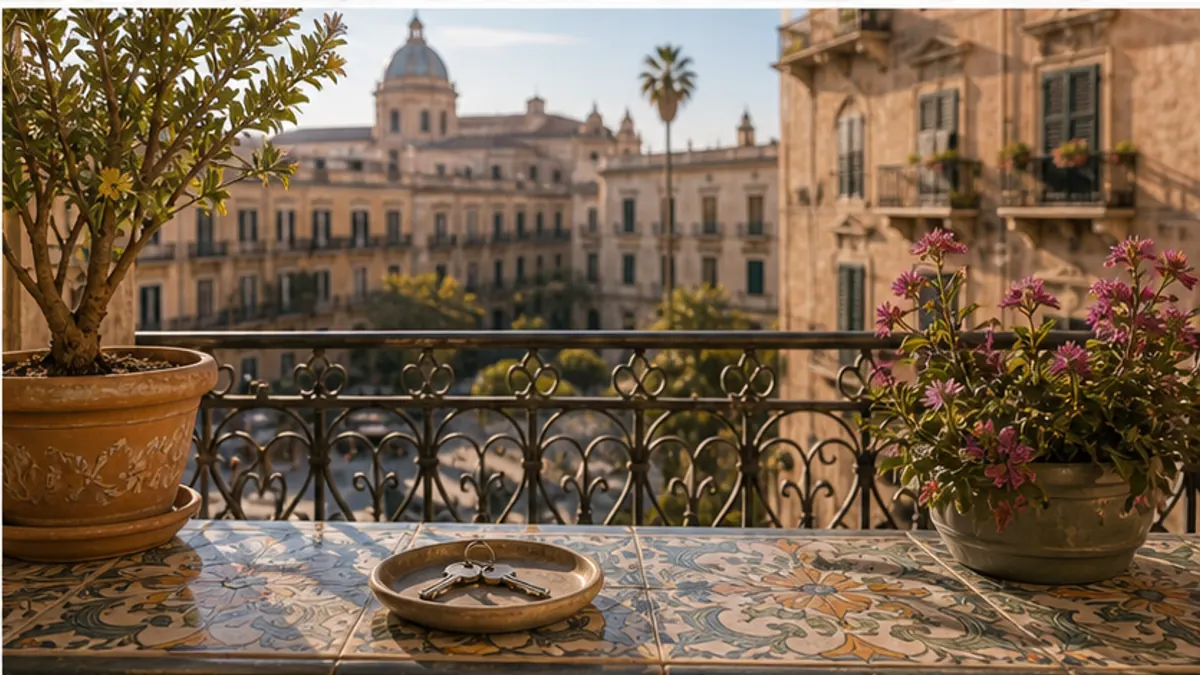 Piatto di chiavi su un tavolo maiolicato, su un balcone fiorito affacciato su una piazza con cupola