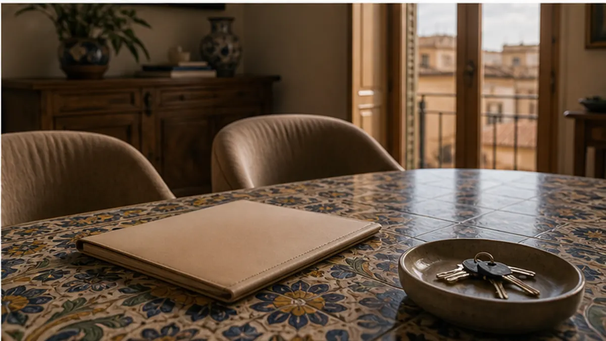 Cartella chiusa e piatto di chiavi su un tavolo di maiolica, con due sedie imbottite