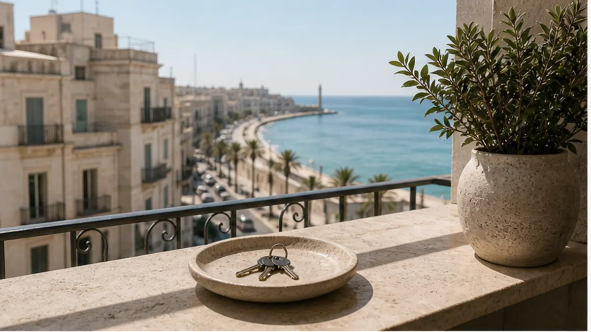 Piatto di chiavi su un parapetto chiaro affacciato sul lungomare di Bari
