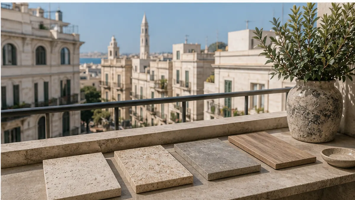 Campioni di materiali su un parapetto, con i palazzi chiari e il mare di Bari sullo sfondo