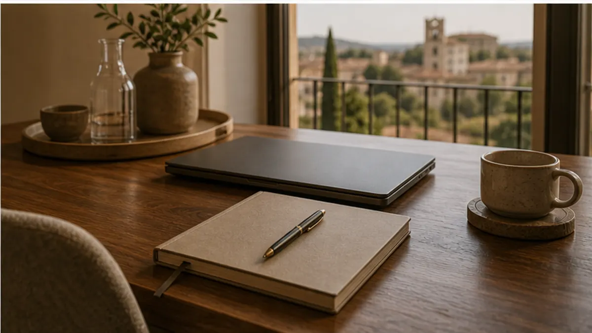 Tavolo in legno con quaderno, portatile e tazza, davanti a una finestra su colline e una torre