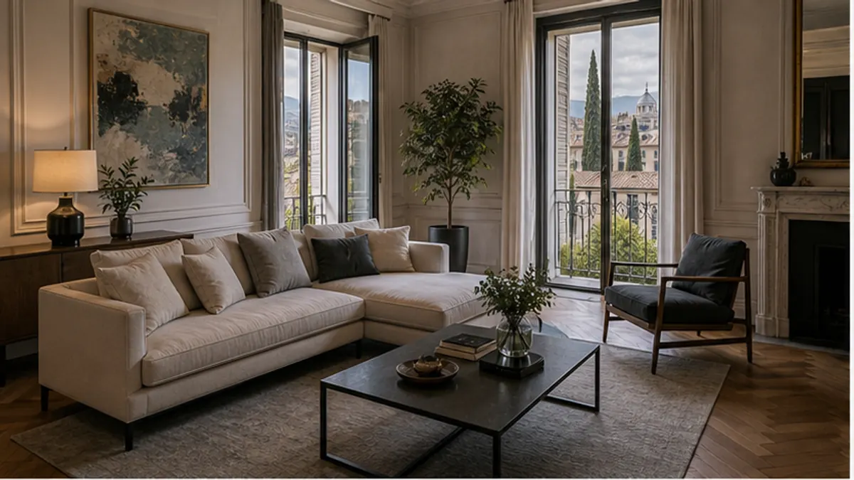 Soggiorno con divano angolare, camino e portafinestra su un balcone cittadino