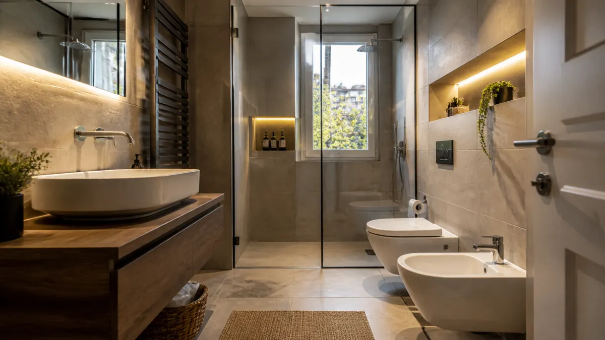 Bagno moderno luminoso con doccia walk-in e materiali neutri in una casa italiana