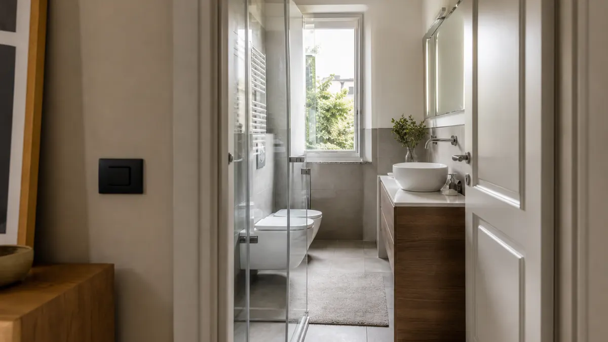 Bagno piccolo luminoso con doccia in una casa italiana compatta