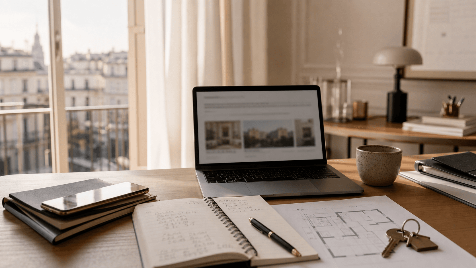 Tavolo con quotazioni immobiliari non leggibili, planimetria e chiavi in una casa italiana luminosa