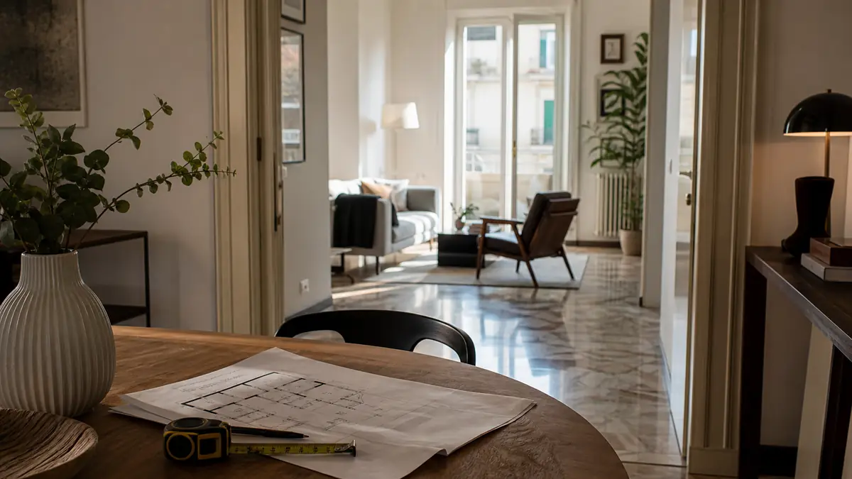 Scena editoriale realistica per calcolo valore casa oltre il prezzo al mq, con casa italiana, documenti e luce naturale