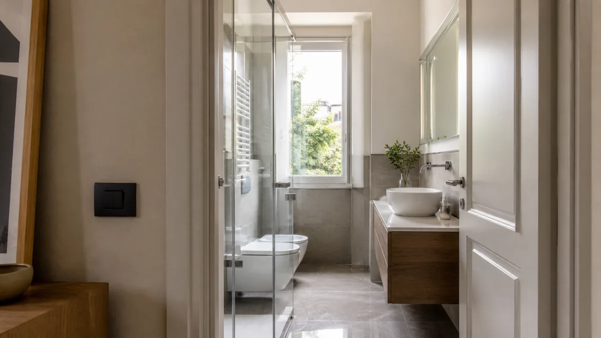 Bagno ristrutturato in una casa italiana luminosa visto da una porta aperta