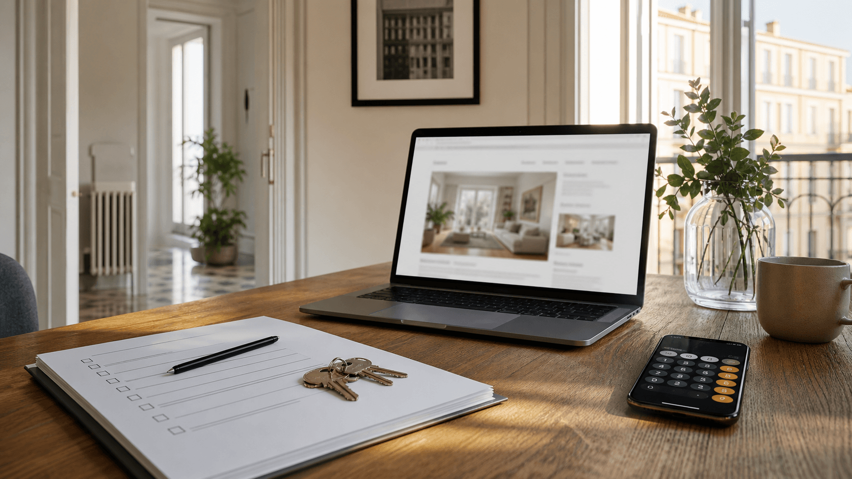 Tavolo con chiavi, documenti di vendita privata e portatile con annuncio immobiliare non leggibile