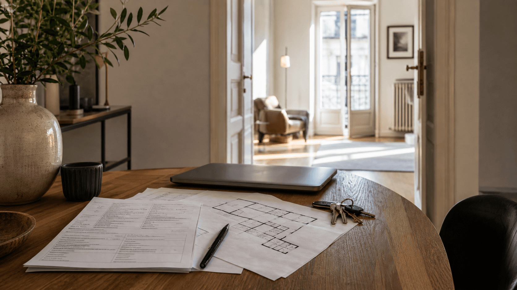 Tavolo con visura catastale non leggibile, planimetria e chiavi in una casa italiana luminosa