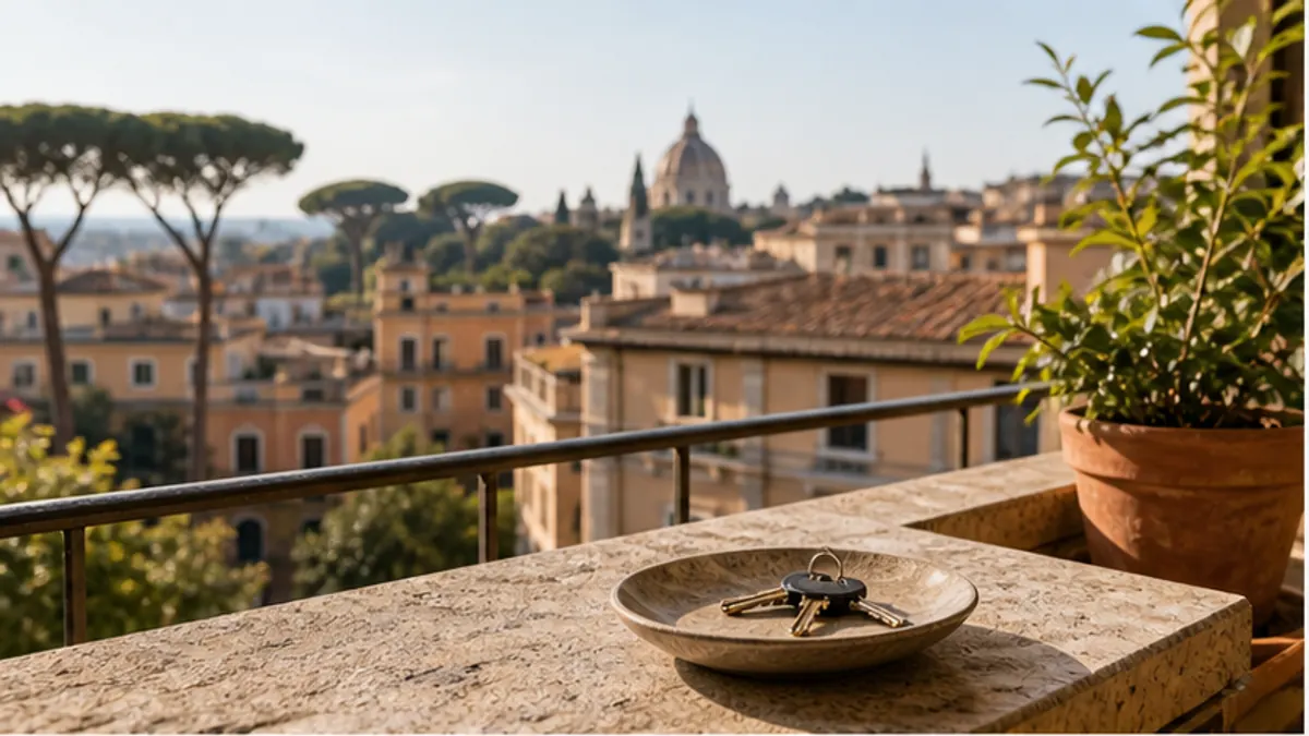 Terrazza su tetti e cupole di Roma, con un piattino di chiavi sul parapetto in pietra