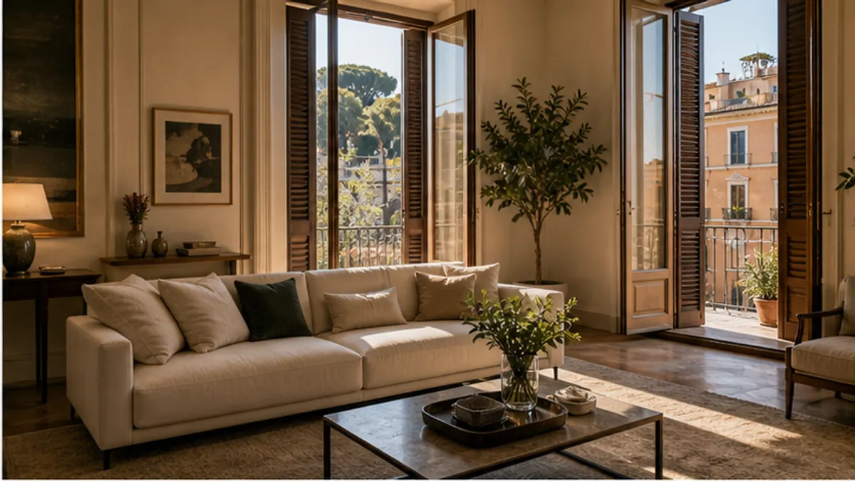 Soggiorno luminoso con divano chiaro e portafinestra aperta su un balcone romano