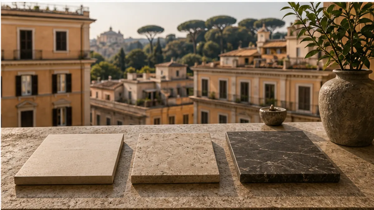 Campioni di pietra e marmo allineati su un parapetto, sopra i tetti di Roma