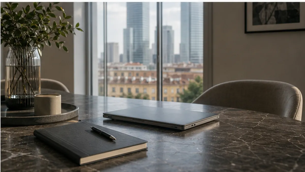 Tavolo in marmo con quaderno e portatile, davanti a una finestra sui grattacieli di Milano