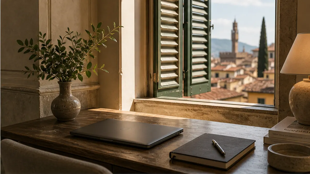 Scrivania vicino a una finestra con vista sulla città
