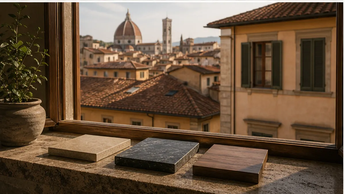 Campioni di materiali su un davanzale, con la vista sui tetti e sul Duomo di Firenze