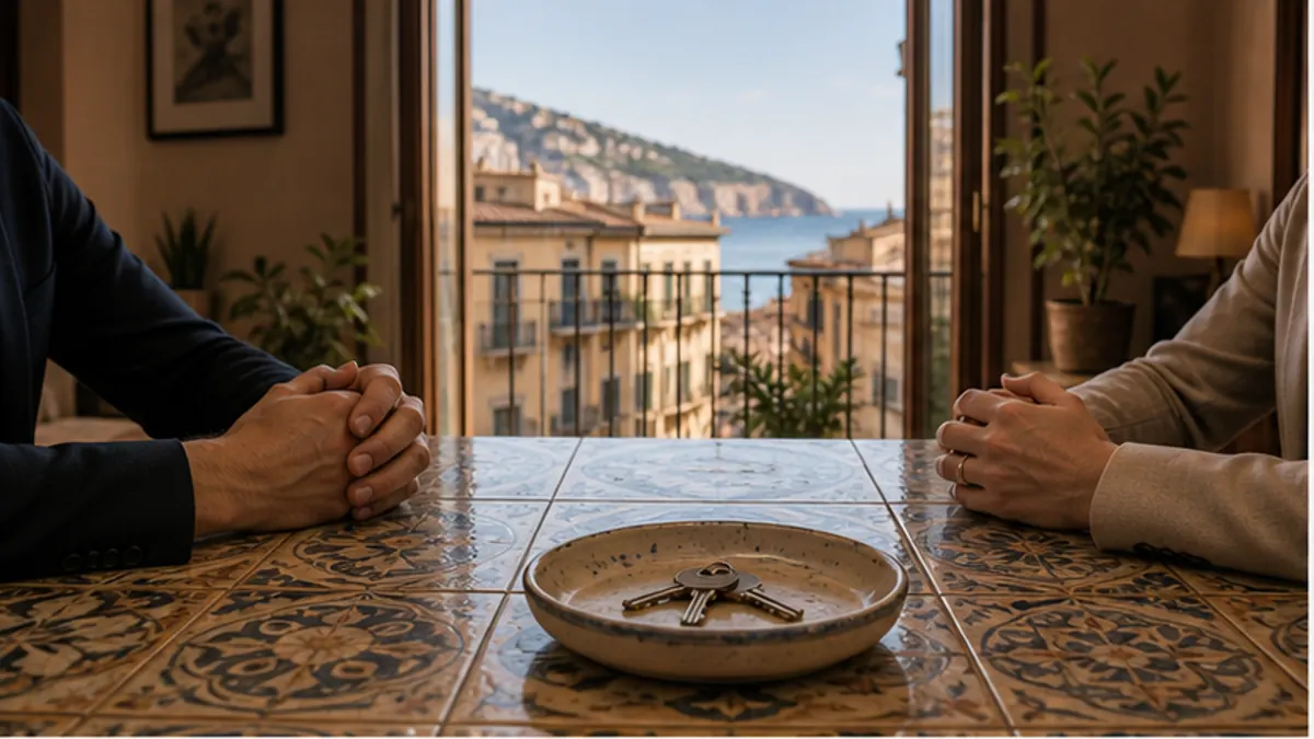 Due persone al tavolo di maiolica con un piatto di chiavi, davanti a un balcone sul mare