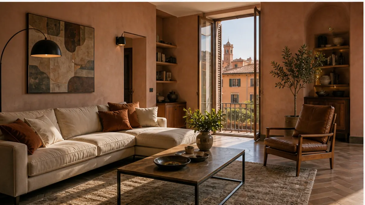 Soggiorno con pareti color terracotta e portafinestra aperta su un balcone tra palazzi storici