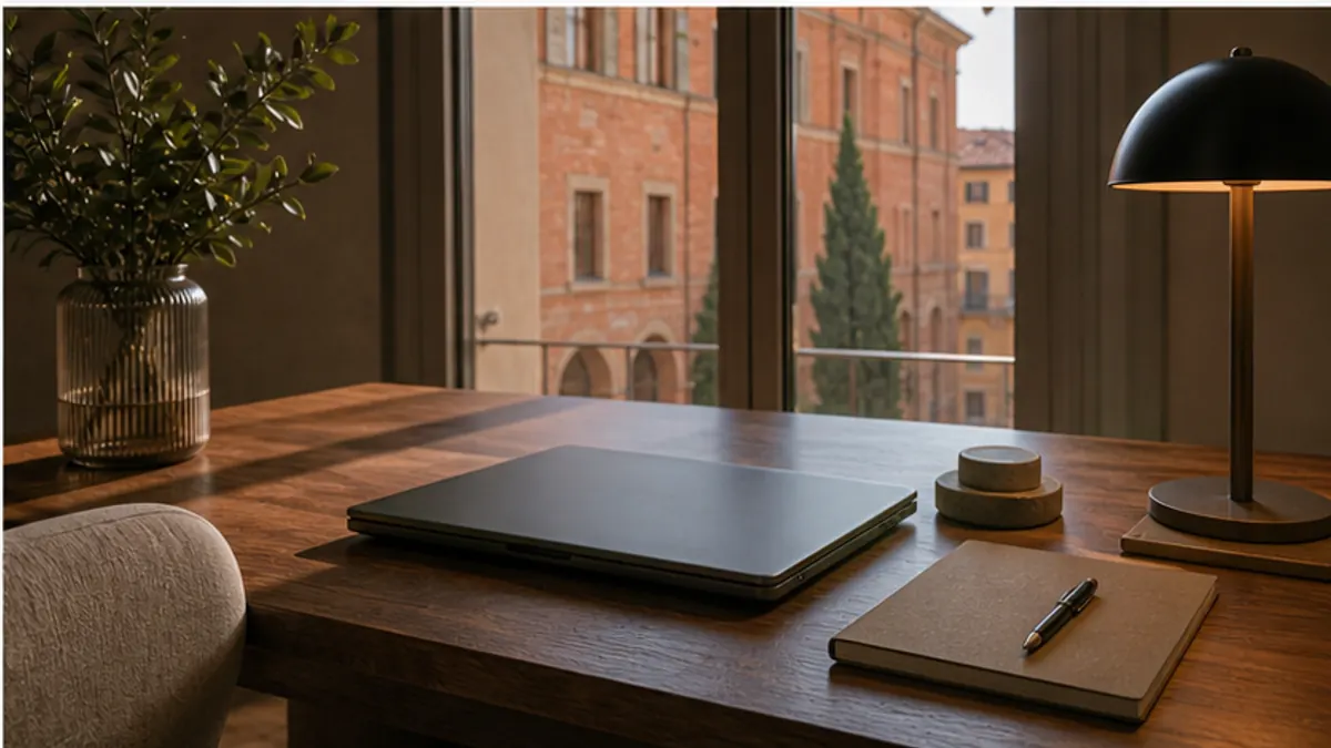 Scrivania in legno con portatile e quaderno, davanti a una finestra sui palazzi di Bologna