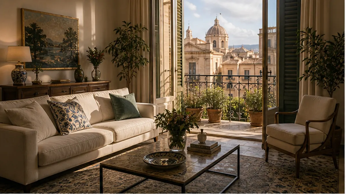 Soggiorno con divano chiaro e portafinestra su un balcone affacciato su una cupola