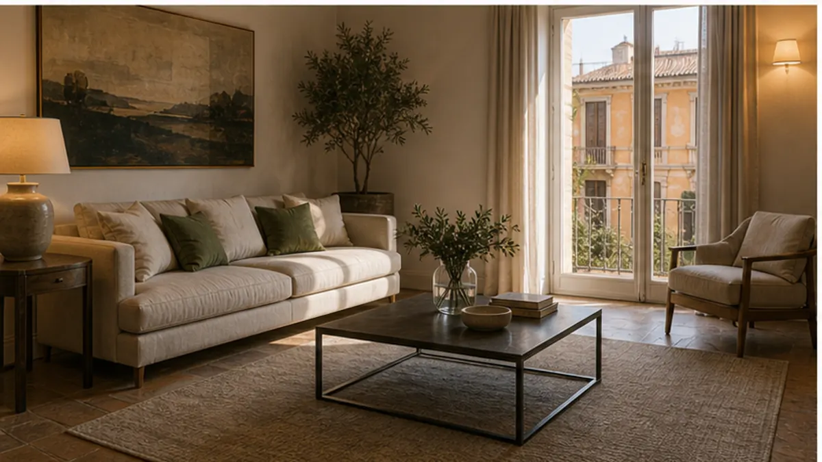 Soggiorno con divano chiaro, un grande quadro di paesaggio e portafinestra su un balcone