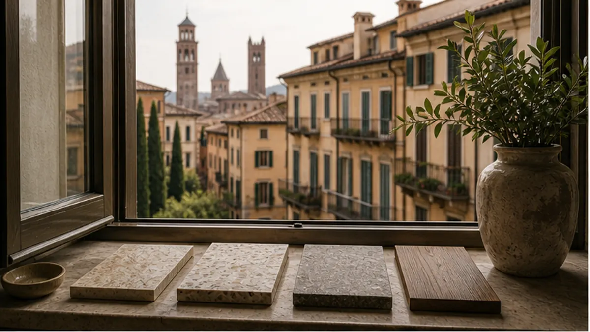 Campioni di materiali davanti a una finestra sui campanili e i palazzi di Verona