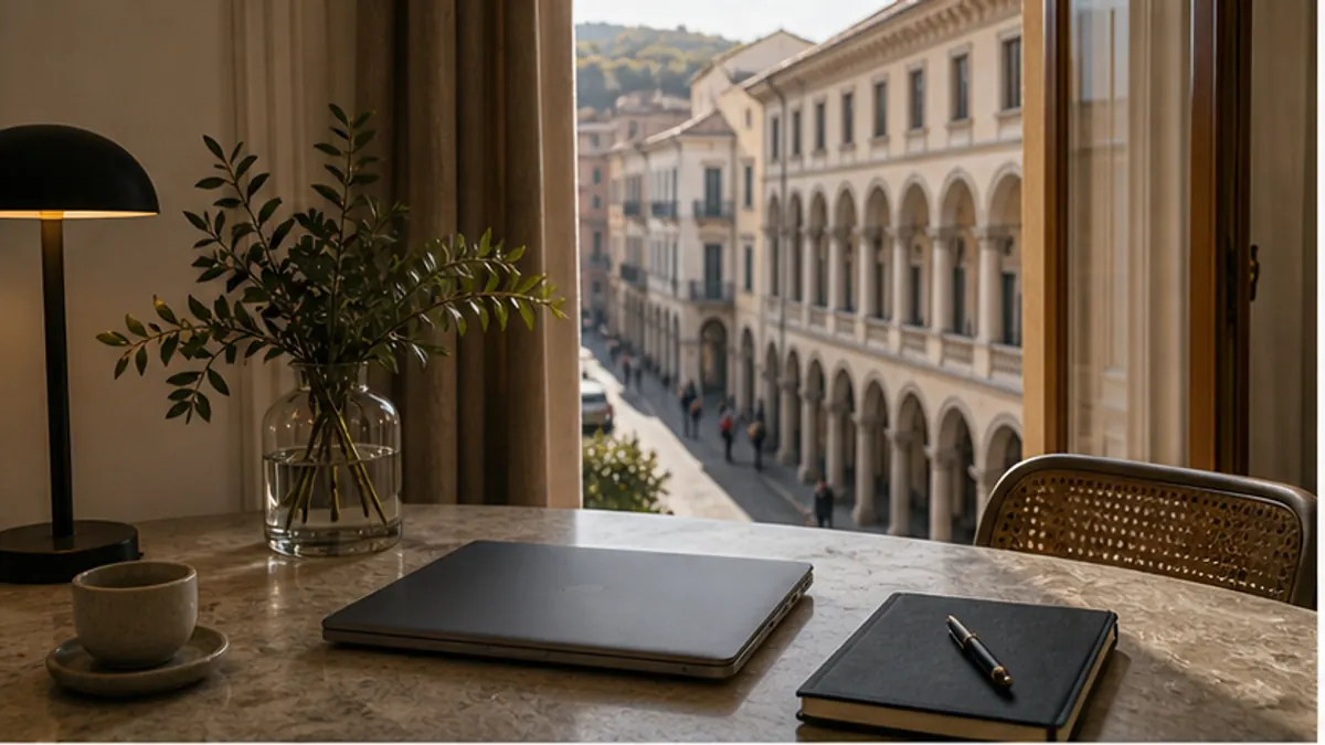 Tavolo con portatile e quaderno davanti a una finestra su una via porticata