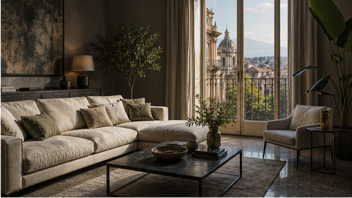 Soggiorno con divano angolare e portafinestra su un balcone affacciato su una cupola