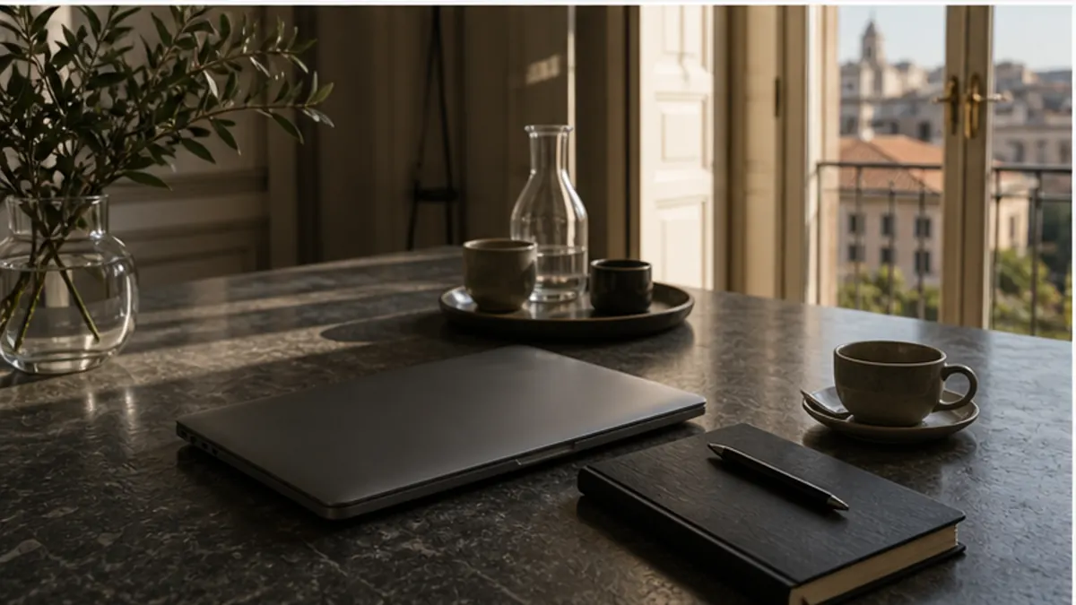 Tavolo in marmo scuro con portatile, quaderno e tazza, vicino a una finestra alta